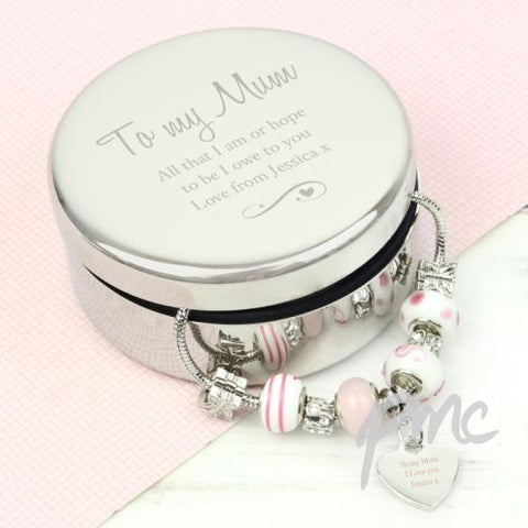 Personalised Swirls & Hearts Round Trinket Box & Candy Pink Heart Charm Bracelet