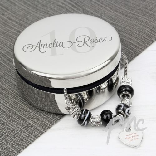 Personalised Big Age Round Trinket Box & Galaxy Heart Charm Bracelet