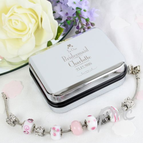 Personalised Decorative Wedding Bridesmaid Silver Box and Candy Pink 18cm Charm Bracelet