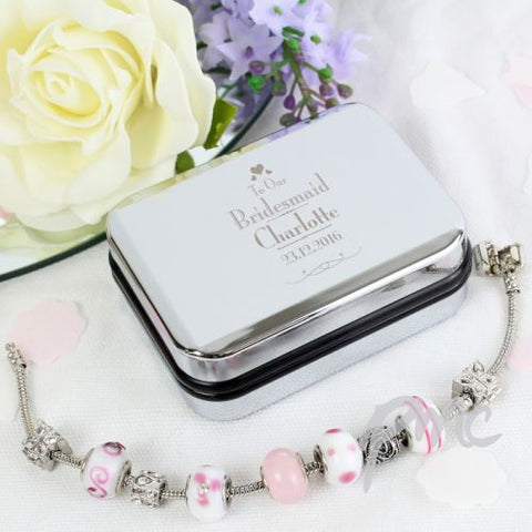 Personalised Decorative Wedding Bridesmaid Silver Box and Candy Pink 18cm Charm Bracelet