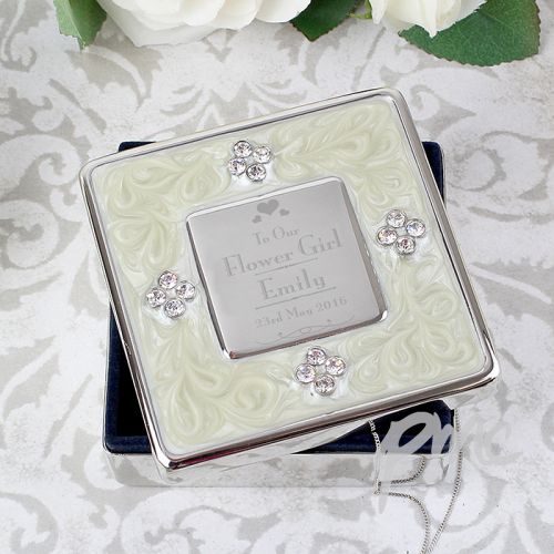 Personalised Decorative Wedding Flower Girl Square Diamante Trinket Box