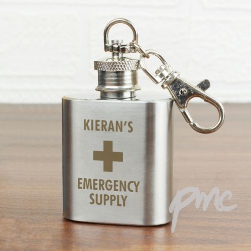 Personalised Emergency Supply 1oz Stainless Steel Hip Flask Keyring