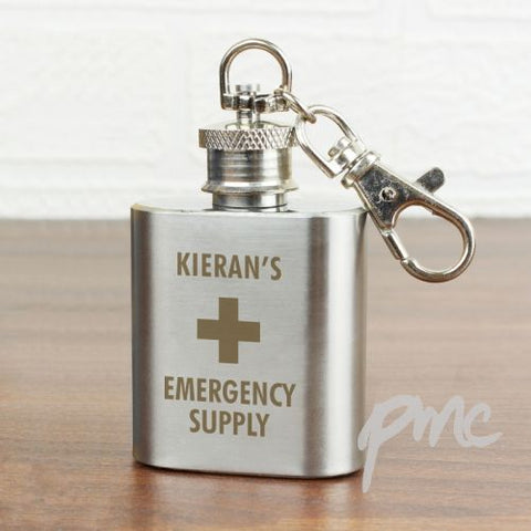 Personalised Emergency Supply 1oz Stainless Steel Hip Flask Keyring