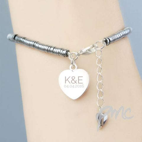 Personalised Hematite Initials and Date Heart Bracelet