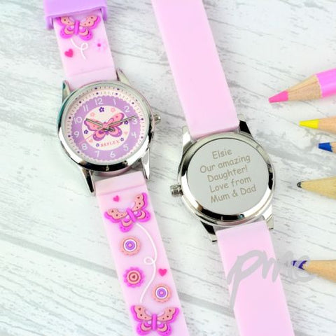 Personalised Kids Pink Time Teacher Butterfly Watch with Presentation Box