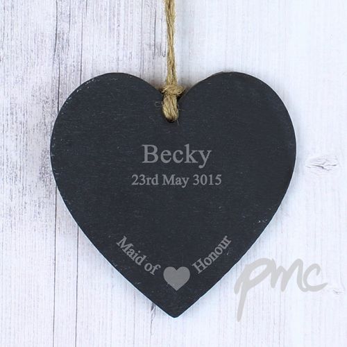 Personalised Maid Of Honour Slate Heart Decoration