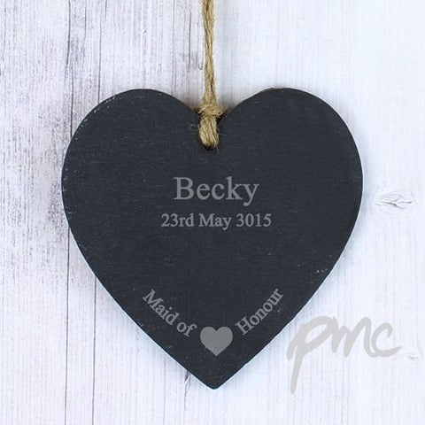Personalised Maid Of Honour Slate Heart Decoration