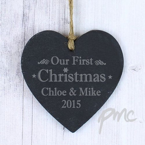 Personalised Our First Christmas Slate Heart