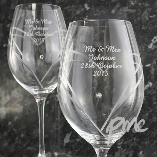 Personalised Hand Cut Diamante Heart Wine Glasses with Swarovski Elements
