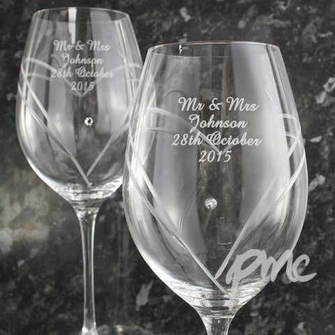 Personalised Hand Cut Diamante Heart Wine Glasses with Swarovski Elements