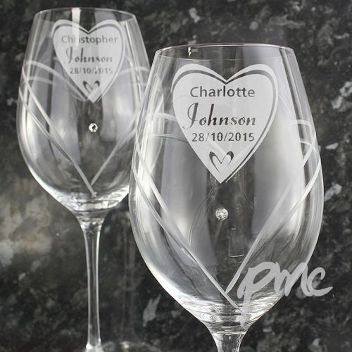 Personalised Hand Cut Big Heart Diamante Wine Glasses with Swarovski Elements