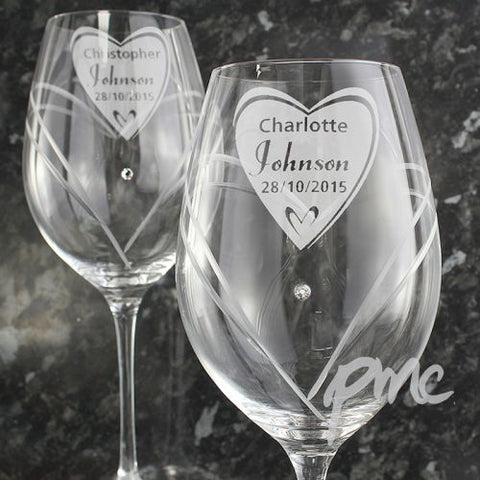Personalised Hand Cut Big Heart Diamante Wine Glasses with Swarovski Elements