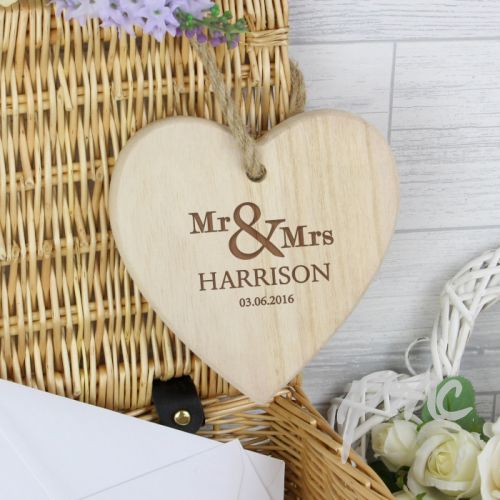 Personalised Mr & Mrs Chunky Wooden Heart Decoration