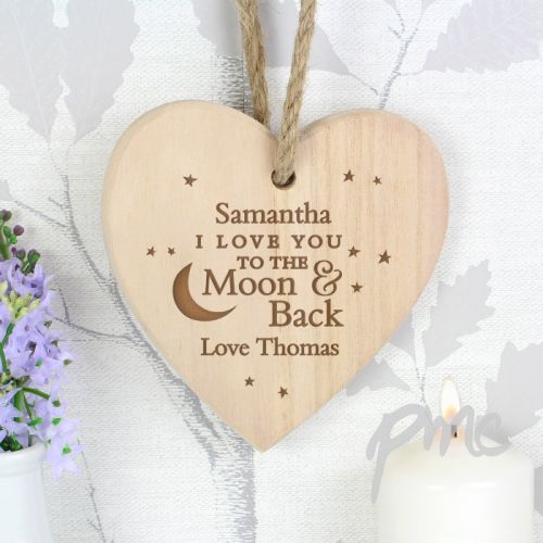 Personalised To the Moon and Back... Chunky Wooden Heart Decoration