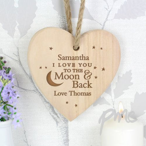 Personalised To the Moon and Back... Chunky Wooden Heart Decoration