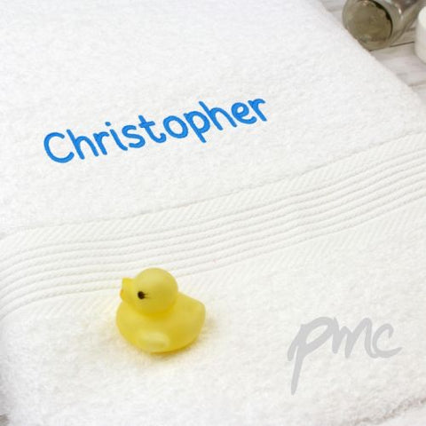 Personalised White Bath Towel - Blue