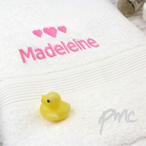 Personalised Pink Hearts White Bath Towel