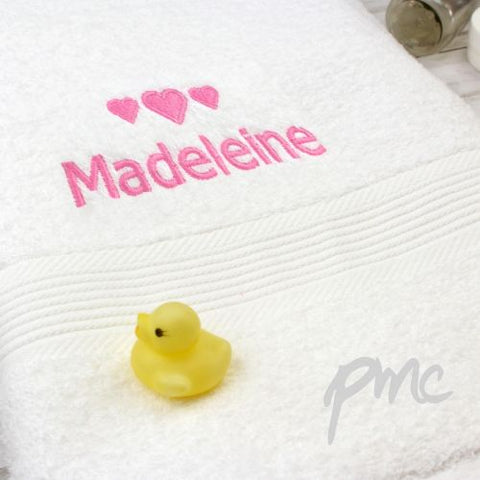 Personalised Pink Hearts White Bath Towel