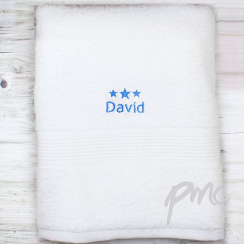 Personalised Blue Stars White Bath Towel
