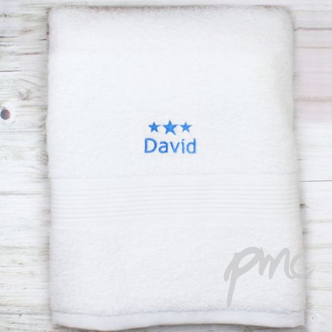 Personalised Blue Stars White Bath Towel