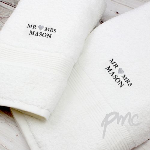 Personalised Mr & Mrs White Hand and Bath Towel Set