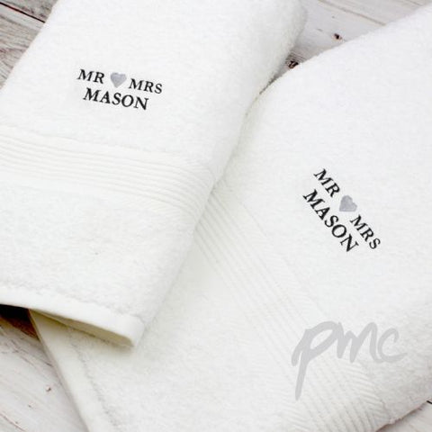 Personalised Mr & Mrs White Hand and Bath Towel Set