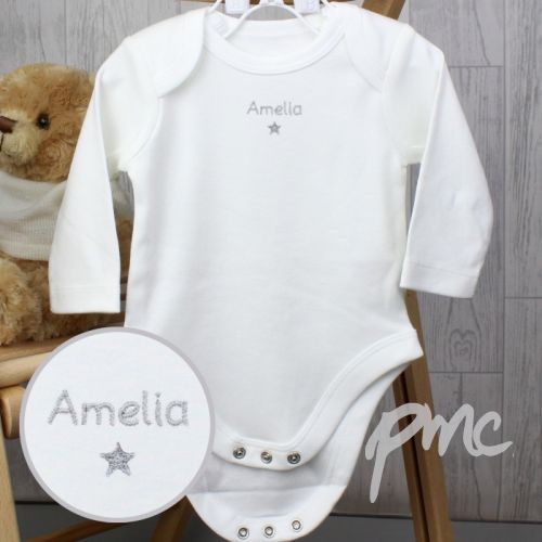 Personalised Silver Star 0-3 Months Long Sleeved Baby Vest