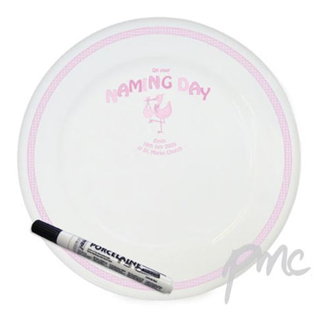 Personalised Stork Pink Naming Day Message Plate