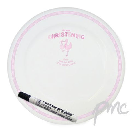 Personalised Stork Pink Christening Message Plate