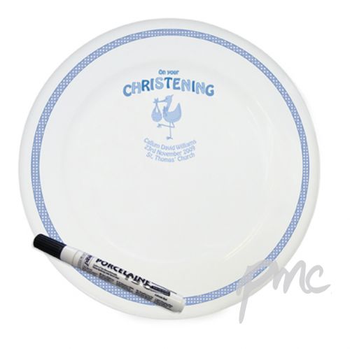 Personalised Stork Blue Christening Message Plate