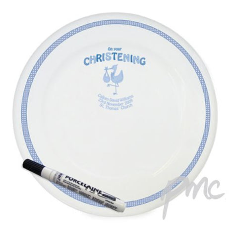 Personalised Stork Blue Christening Message Plate