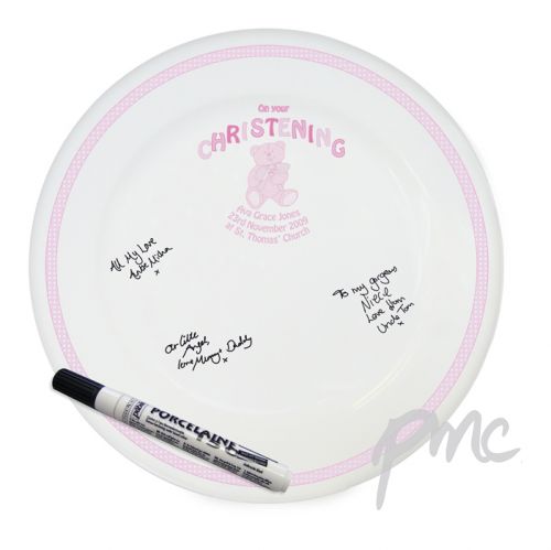 Personalised Teddy Pink Christening Message Plate