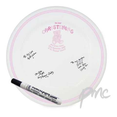 Personalised Teddy Pink Christening Message Plate