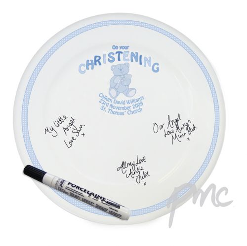 Personalised Teddy Blue Christening Message Plate