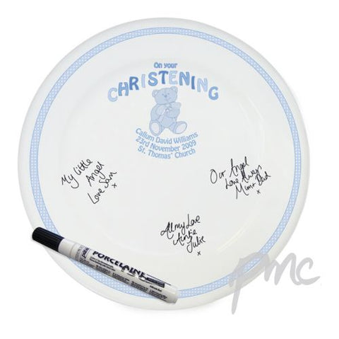 Personalised Teddy Blue Christening Message Plate