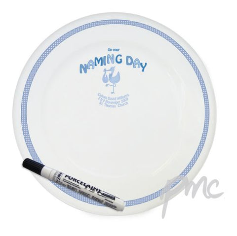 Personalised Stork Blue Naming Day Message Plate