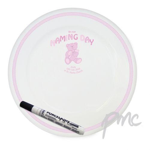 Personalised Teddy Pink Naming Day Message Plate