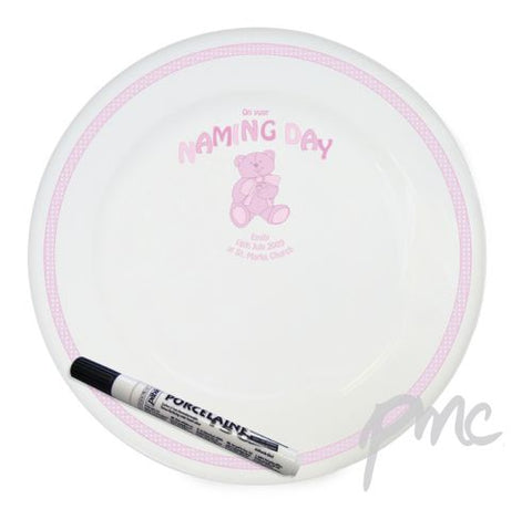 Personalised Teddy Pink Naming Day Message Plate