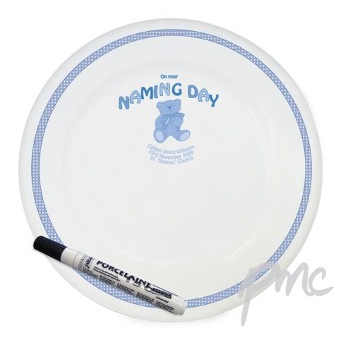 Personalised Teddy Blue Naming Day Message Plate