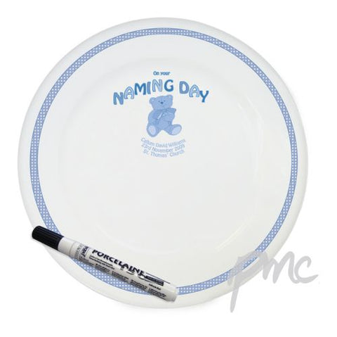 Personalised Teddy Blue Naming Day Message Plate