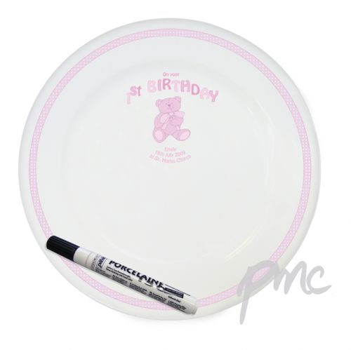 Personalised Teddy Pink 1st Birthday Message Plate