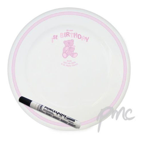Personalised Teddy Pink 1st Birthday Message Plate