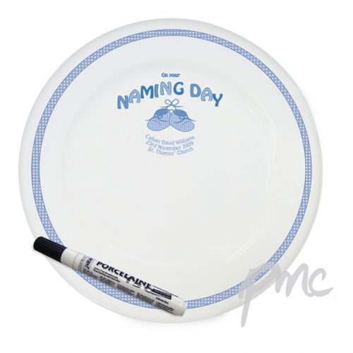Personalised Bootee Blue Naming Day Message Plate