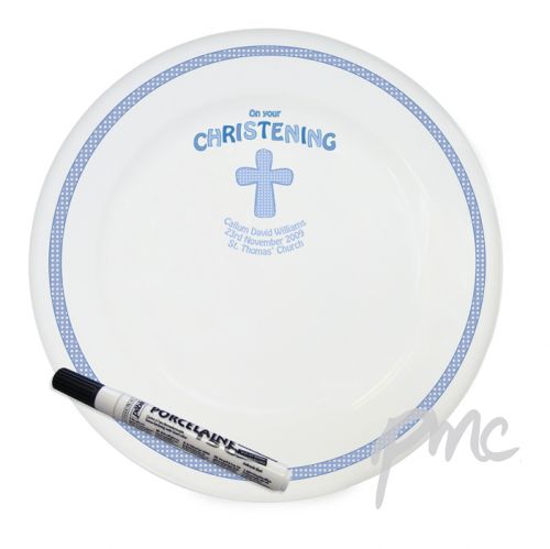 Personalised Cross Blue Christening Message Plate