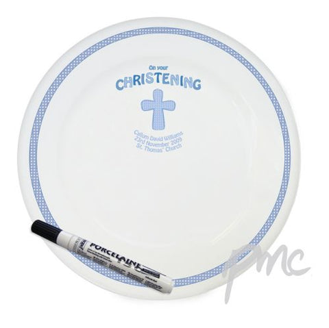 Personalised Cross Blue Christening Message Plate