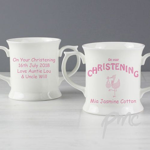 Personalised Stork Pink Christening Loving Mug
