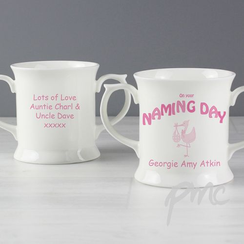Personalised Stork Pink Naming Day Loving Mug