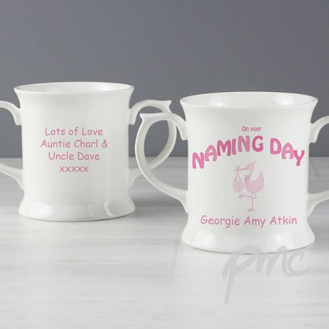 Personalised Stork Pink Naming Day Loving Mug