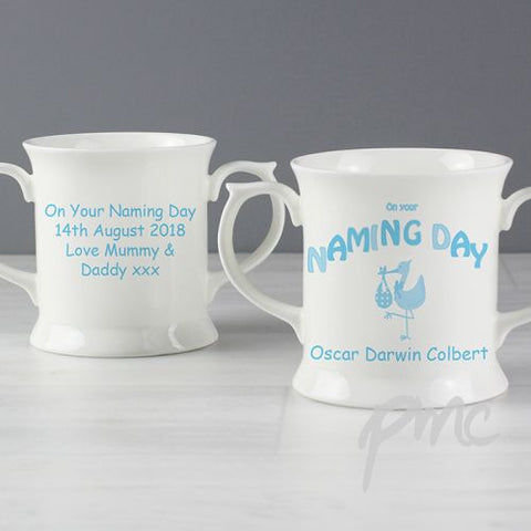 Personalised Stork Blue Naming Day Loving Mug