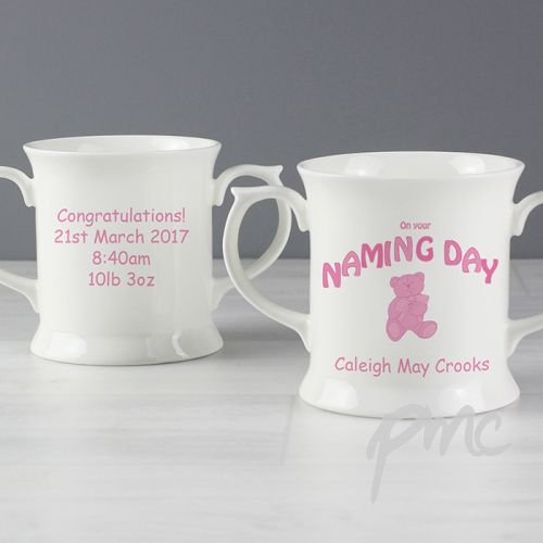 Personalised Teddy Pink Naming Day Loving Mug